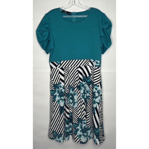 Chiccloth Women's Short Puff Sleeve Floral Fit & Flare Dress Teal/Floral Size XL - Picture 1 of 8
